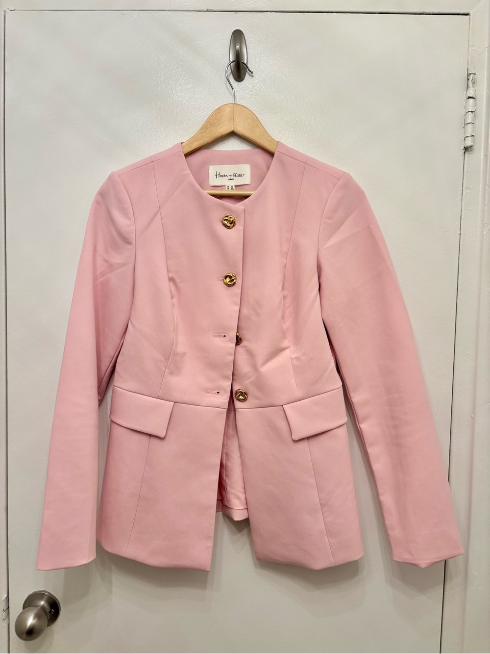 Haver & Blair Blush Pink Gold-Button Tailored Collarless Blazer Jacket